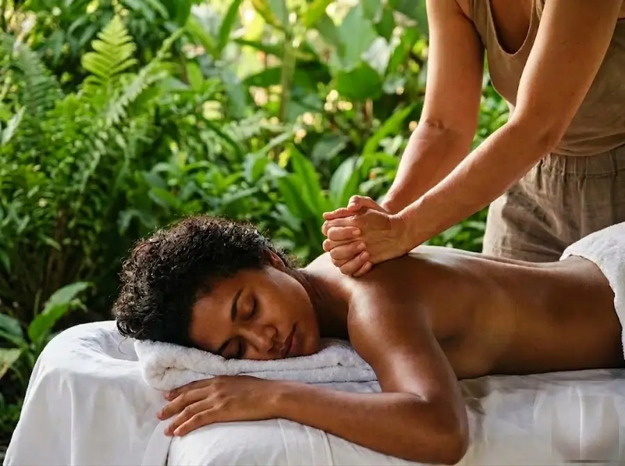 Therapist applying medical massage to a client's shoulder and upper back